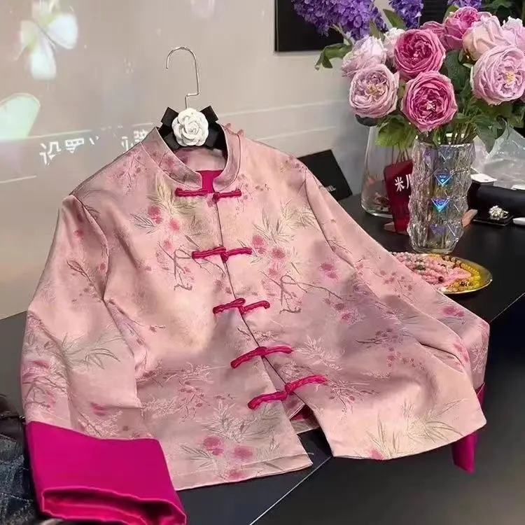 Improved National Style Vintage Modern Hanfu Embroidery Women Jacket Pink Chinese Tang Suit Top Women Spring Autumn New
