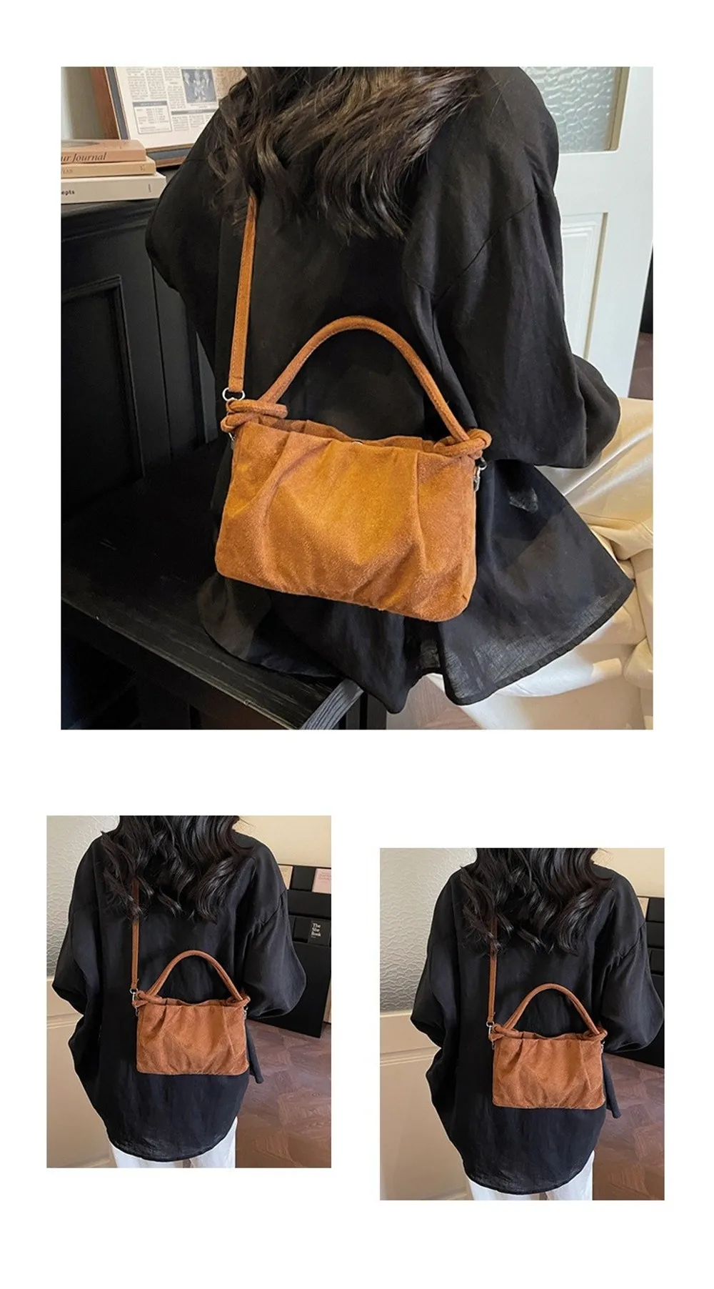 Retro-Stil Wildleder-Umhängetasche mit Magnetverschluss Weicher Griff Modische Handtasche mit Faltentextur Schultertasche für den Arbeitsweg – Detail 7