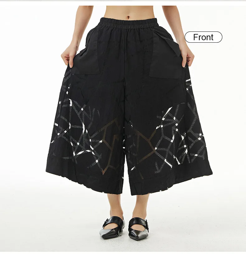 Wide Leg Pants black  Women's Japanese original loose casual mid rise elastic waist medium wide-leg womens skirts See-through geometric pattern mid-calf pants for woman with white print clothing Spring summer Europe and the United States American fashion season fashion