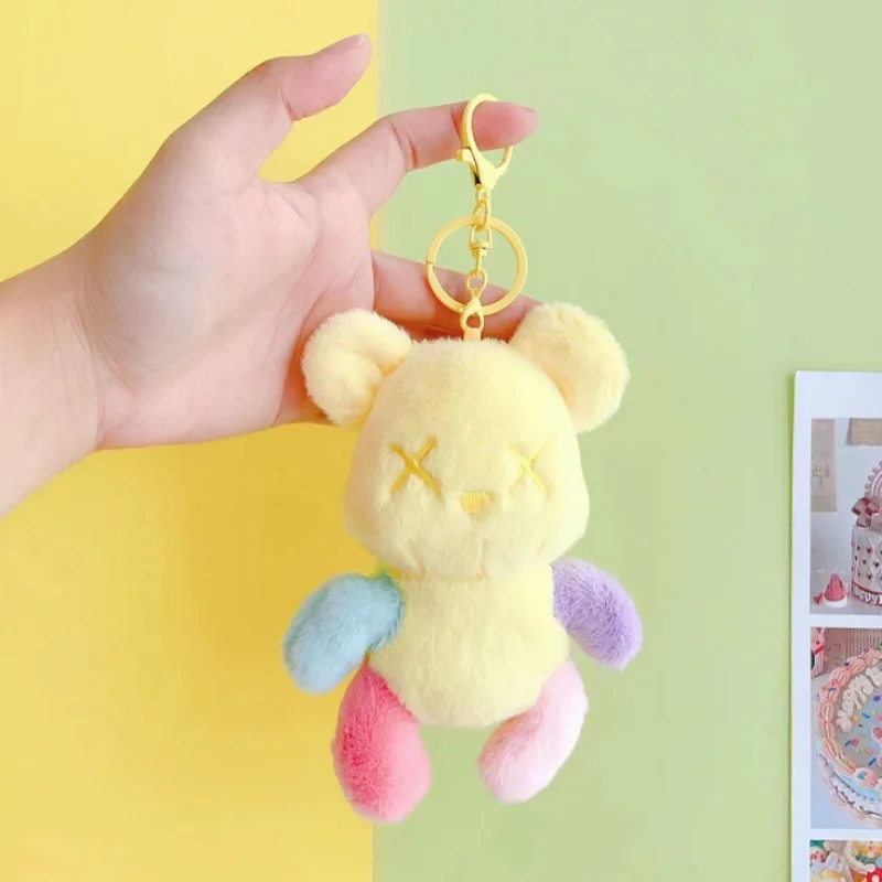 14cm 귀여운 도파민 곰 플러시 키 체인 Kawaii 다채로운 곰 키 체인 동물 열쇠 고리 자동차 키 액세서리 여자 여자 가방 펜던트