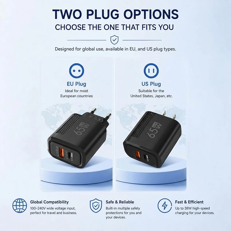 High-Speed 65W Dual-Port USB C Wall Charger for Phones, Tablets, and Gaming Consoles