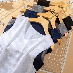 V-neck Sleeveless Men Vest Grid Texture Smooth Thin Elastic Solid Color Ice Silk Vest Sportwear Tank Tops Fitness Gym Workout