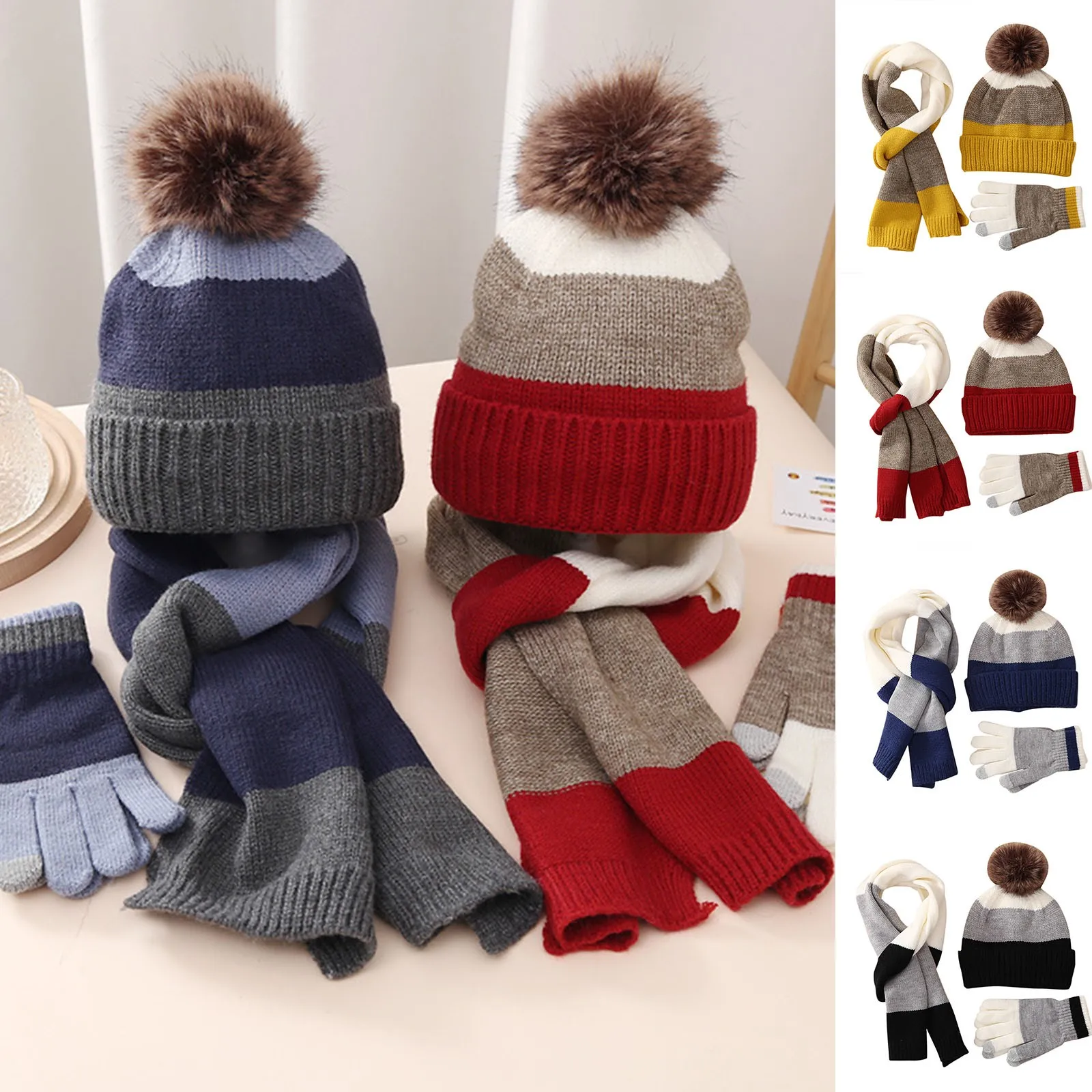 Gloves Scarf Hat Set Children 8 To 15 Years Old Winter Warm Suit Plus Wool Thickened Knitted Hat Gloves And Scarf Set