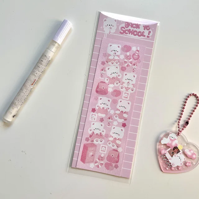 1Pc Korean Pink Heart Border Animal Laser Sticker Flakes Idol Card Deco Scrapbook DIY Material Decoration Stationery Stickers 1Pc D