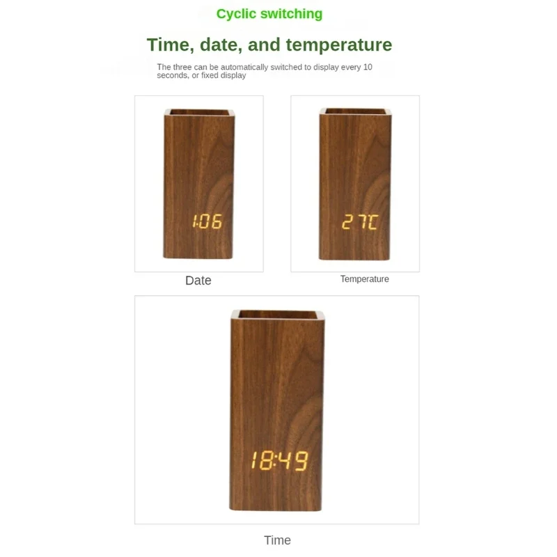 Pencil Organizer Wooden Desktop LED Time Temperature Date Display Pencil Holder Digital Alarm Clock Voice Control Pen Holder