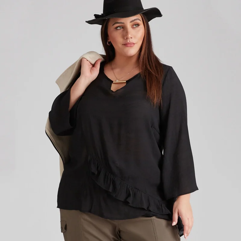 

Plus Size 3/4 Flare Sleeve Loose Spring Autumn Casual Blouse Women Bar Neck Asymmetrical Frill Hem Black Hi Low Tunic Tops 7XL