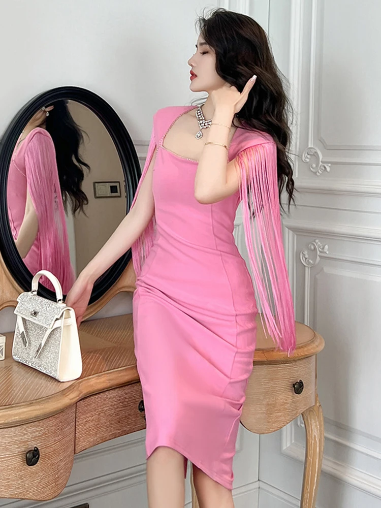 French Elegant Sweet Midi Dress for Women 2023 High Quality Pink Tassel Bodycon Slit Robe Femme Party Prom Vestidos Catwalk Show