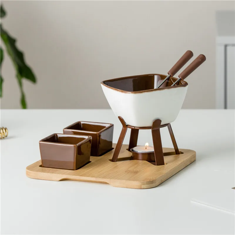 Fondue Pot Set, Glazed Ceramic Fondue Set for Chocolate or Cheese &ndash; Perfect Gift Idea for Housewarming or Birthday