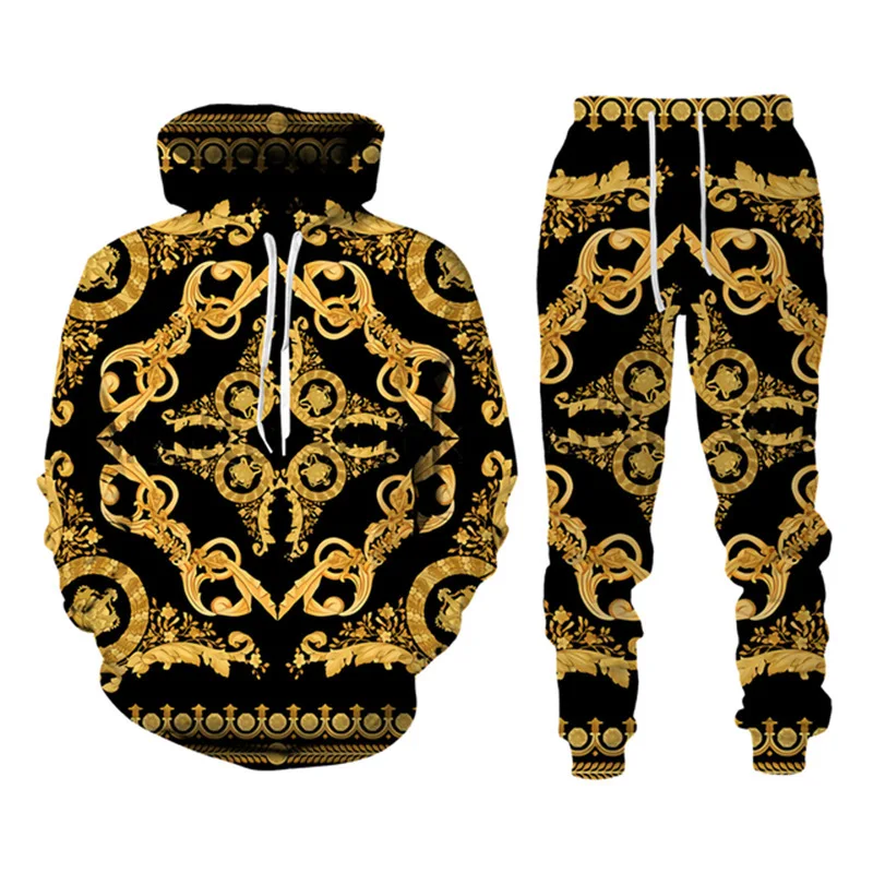 thumbnail image 1 of Conjunto de 2 sudaderas con capucha y cadena de lujo para hombre, con estampado 3D de cuerpo completo, estilo retro, estilo corte, pantalón y traje, primavera y otoño, 1 of 4