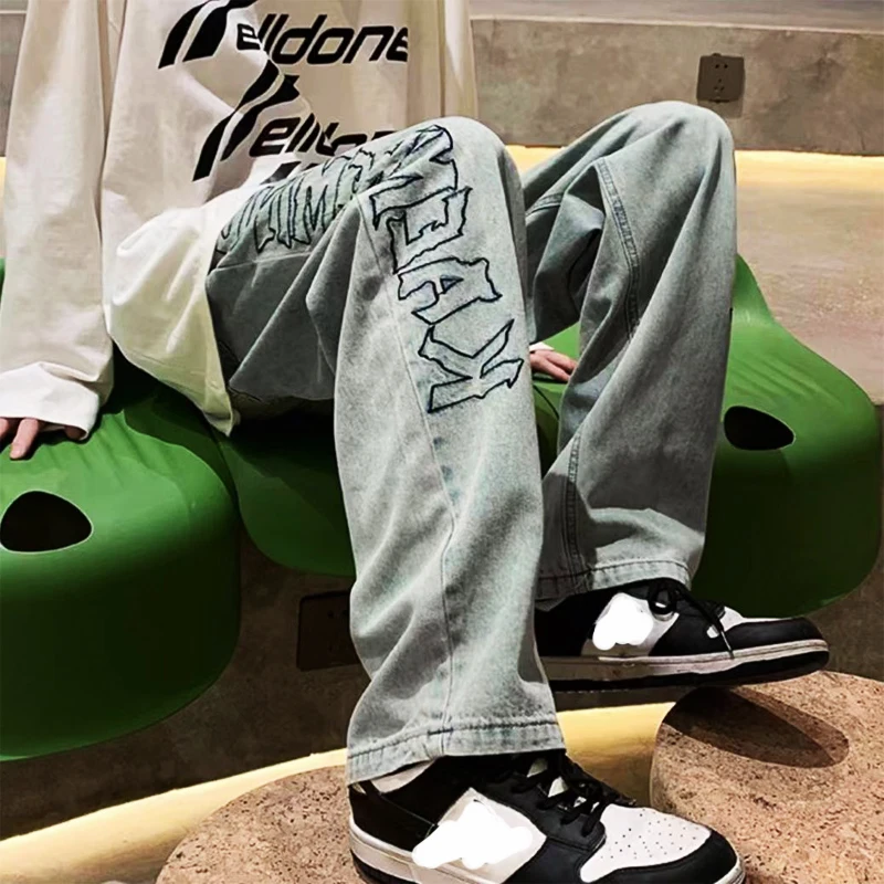 Men's Women Hip Hop Male Black Printed Y2K Baggy Jeans Man Retro Vintage Denim Pants Straight Trousers Wide Leg Pants For Men
