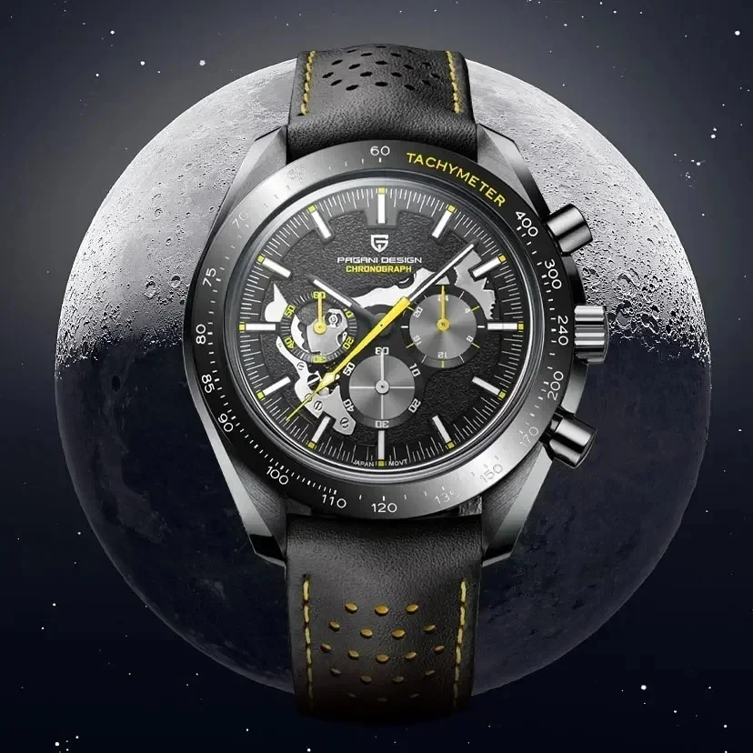 PAGANI DESIGN Moon Dark 남성용 시계, 럭셔리 쿼츠 시계, 스켈레톤 스포츠 크로노그래프 AR 사파이어 글라스 손목시계, 2024 신제품