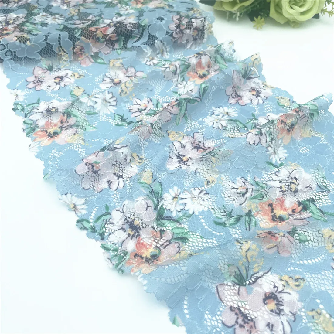 3y/lot Width 24cm Teal Blue Pretty Floral Elastic Lace Trims 1