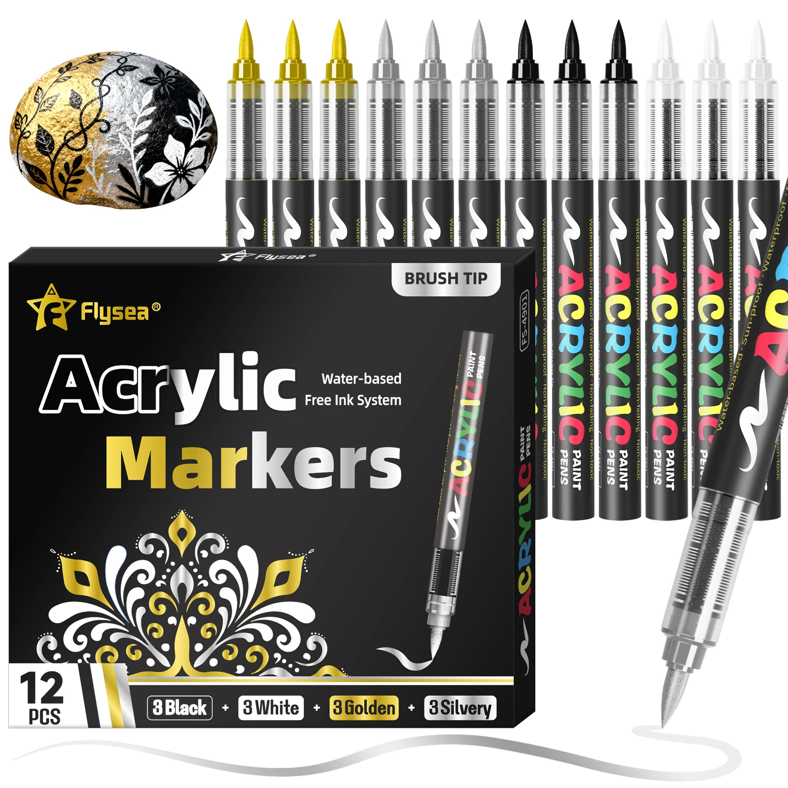 12 Stück Farbstifte Acrylmarker - Schwarz, Weiß, Gold, Silber, Weiche Pinselspitze Wasserbasierte Markerstifte für Steinmalerei, Holz – Detail 1