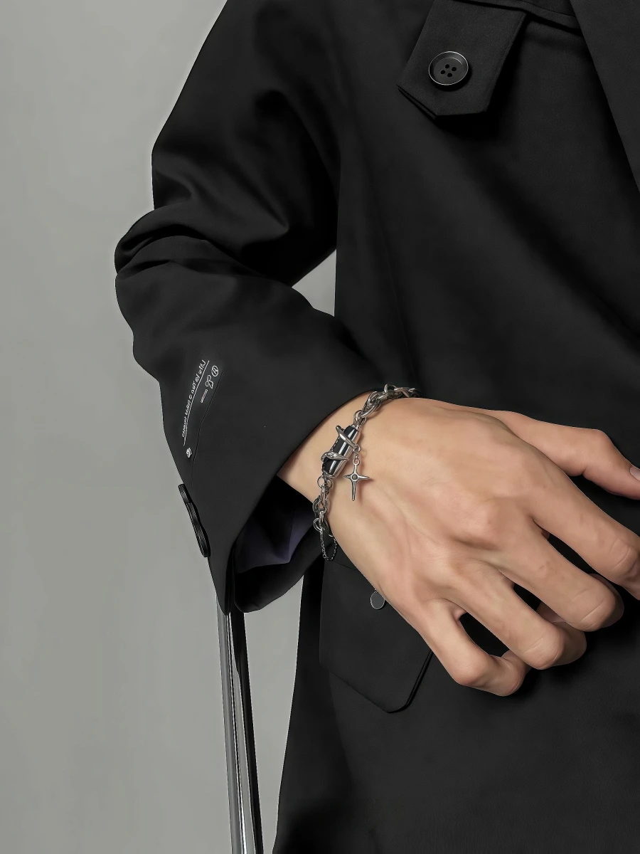 Bracelet Hip Hop Obsidian Star Bracelet For Men Women Punk Design Non-Fading Titanium Steel Luxury Charm Couple Jewelry Kpop Gift