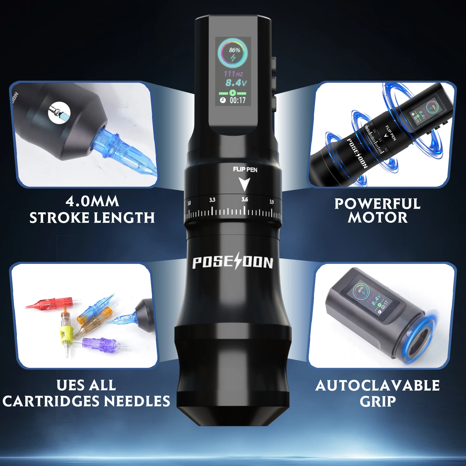 Poseidon Wireless Tattoo Machine Pen Adjustable Stroke 2.4-4mm LED