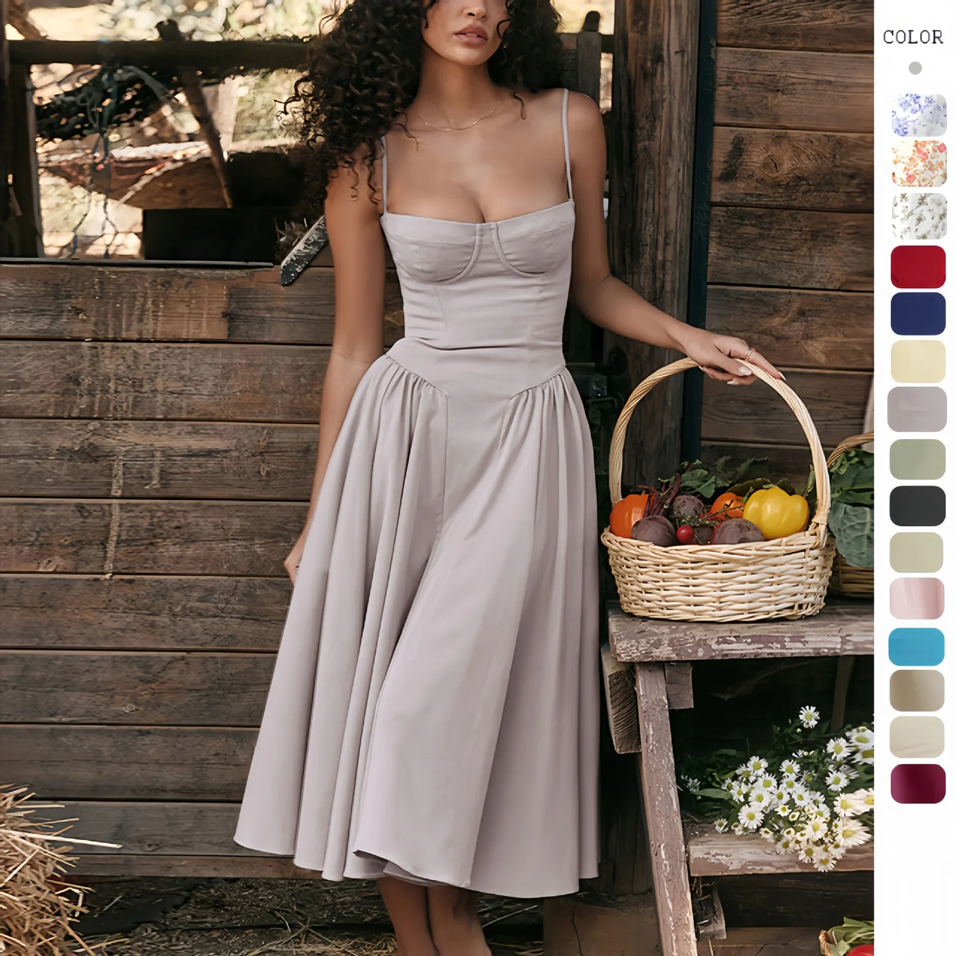 

Elegant Slim Backless Midi Dress Women Fashion Solid Suspender Dresses 2024 New Summer Female Party Evening Robes Vestidos