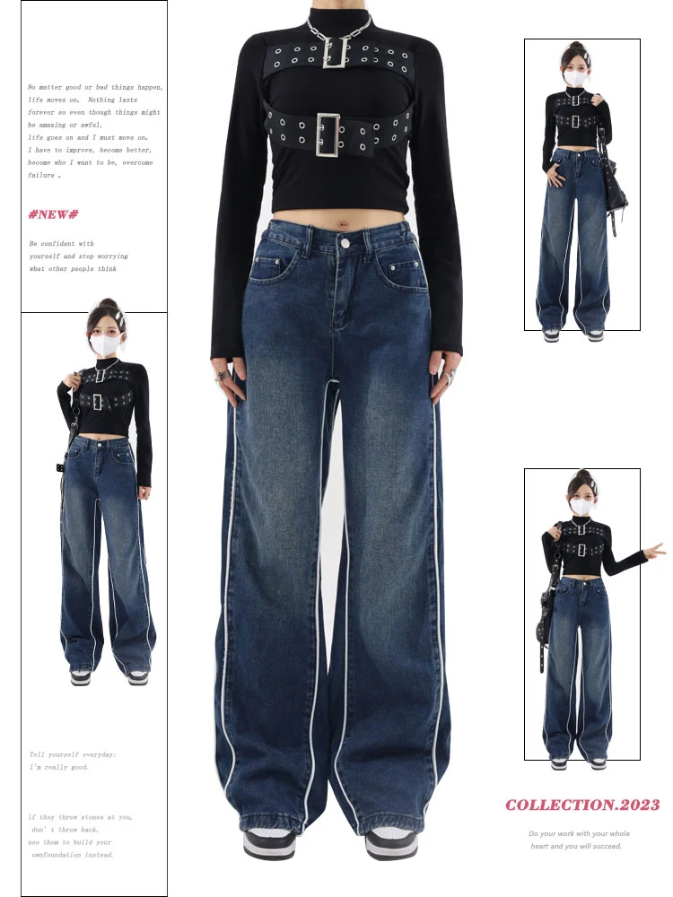 Women's Dark Blue Jeans Vintage Y2k 90s Aesthetic Baggy Denim Trousers  2000s Harajuku Straight Cowboy Pants Trashy Clothes 2023 - AliExpress