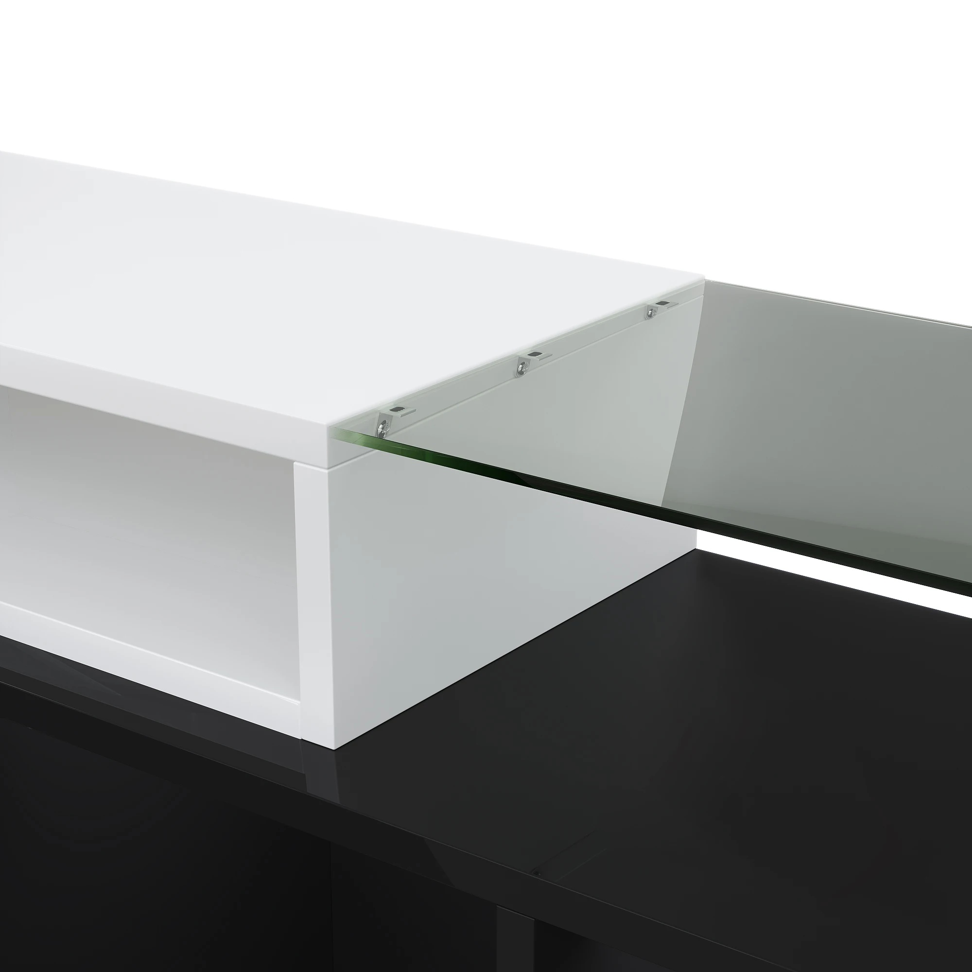 Stilvoller 200 cm TV-Schrank mit Hochglanz-Finish in Weiß und Schwarz, LED-Beleuchtung und eleganter Glasoberfläche. – Detail 14