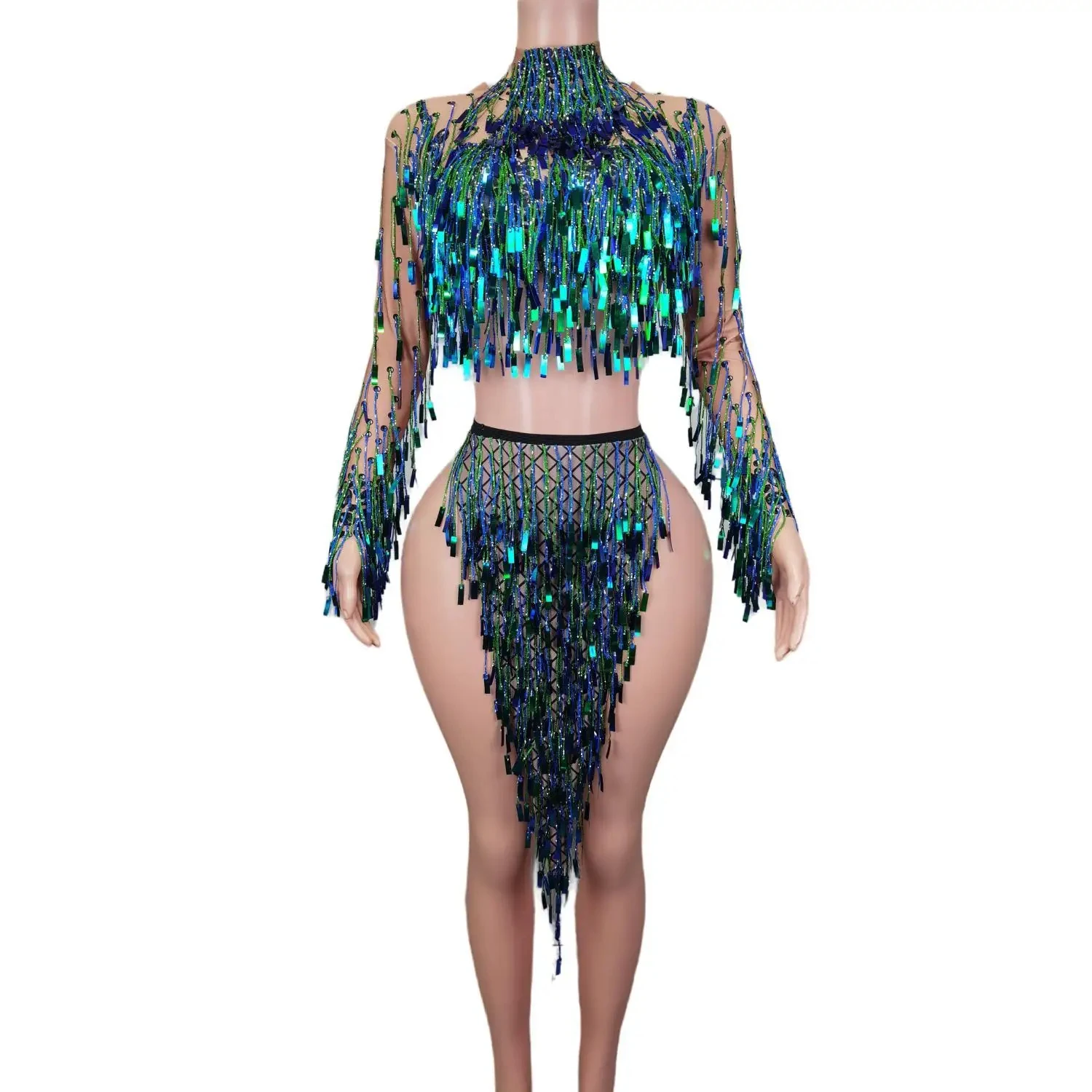 

Женский костюм для танца на шесте, комплект из двух предметов, блестящая юбка с кисточками и топ, костюм для стриптиза для выступлений и ночных клубов