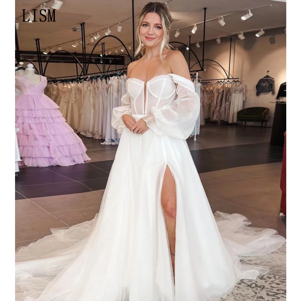 

LISM Graceful Off Shoulder Simple Wedding Dress Three Quarter Sleeves A-Line Long Bride Gown Side Slit Plus Size Custom Made