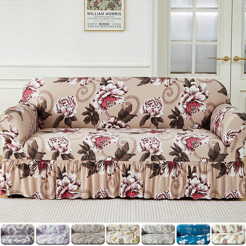 1pc Floral Printed Sofa Slipcover Non-slip Sofa Cover With Skirt Elastic Couch Cover for Bedroom Office Living Room Home Decor