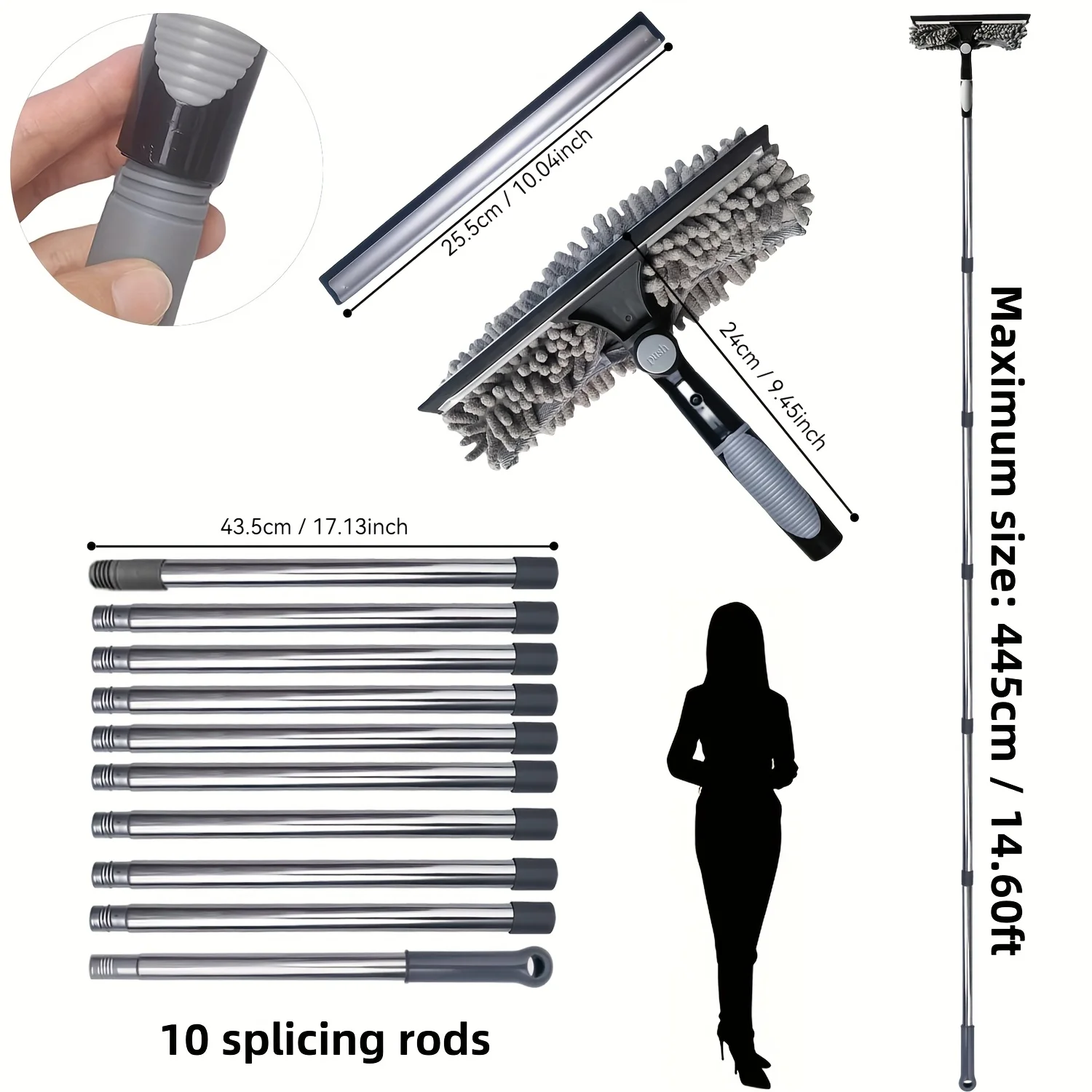 1pcs 2-in-1 High-Rise Window Cleaner Reusable Squeegee & Extendable Pole for Glass Scrubbing Stainless Steel Edge