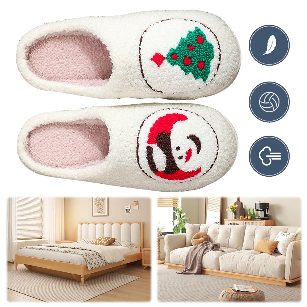 Snowman Xmas Tree Slippers Christmas Plush Slippers Comfortable Cute Furry Anti Slip Soft Couple for Men Women