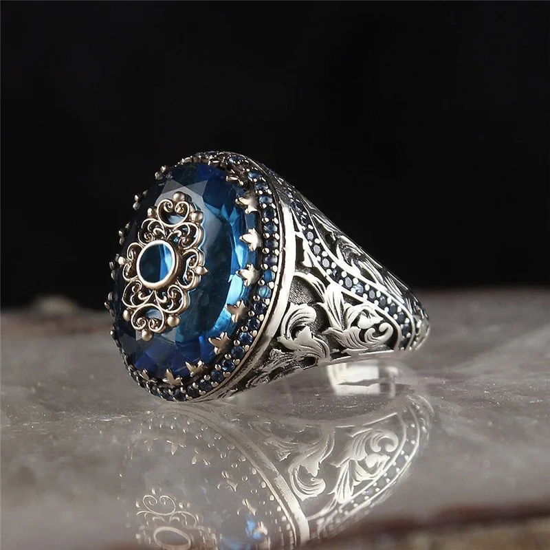 2022 Sea Blue Handmade Turkish Signet Rings for Men Women Vintage Silver Plated Engraved Crystal Inlaid