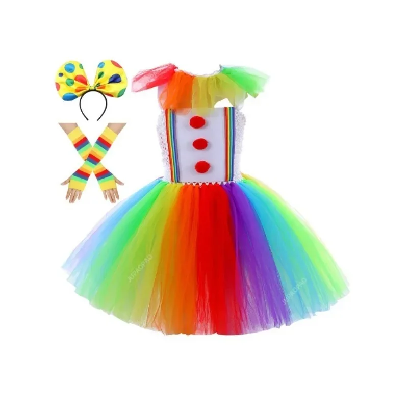 

Радужные Костюмы Клоуна на Хэллоуин для девочек, цирк, акт, клоуны, модные платья для детей, карнавал, вечерние, косплей, Tutus, жуткая одежда