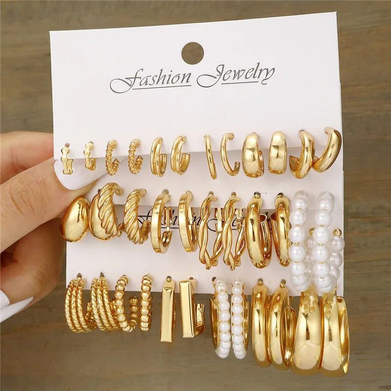 Modyle Geometric Hoop Earrings Set for Women Bohemian Pearl Round Gold Color Vintage Punk Fashion Jewelry hoop earrings golden earrings pearl earrings