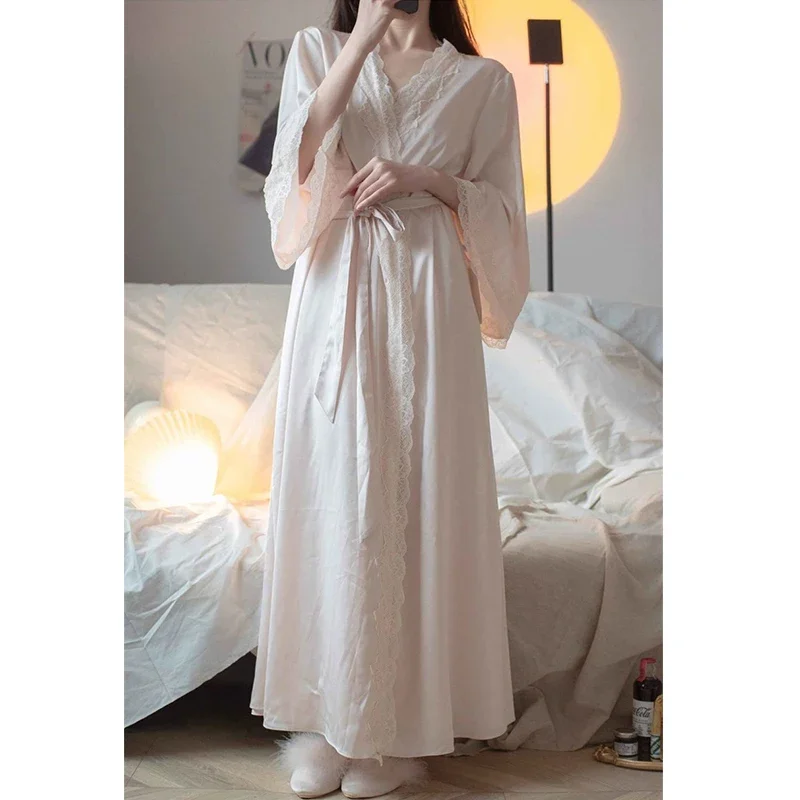 

Комплект женский Шелковый с длинным рукавом, пикантный кружевной халат, однотонная атласная ночная рубашка с нагрудной подкладкой, весна-осень
