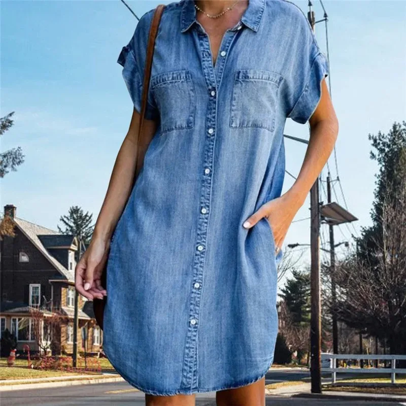 

Women Denim Shirt Dresses Short Sleeve Distressed Jean Dress Button Down Casual Tunic Top RERF1987