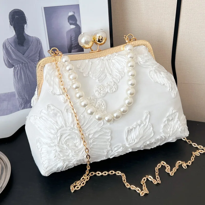 Women Crossbody Bags Handbags Purses Mesh Flower Wedding Lock Shell Clip Pearl Clutch