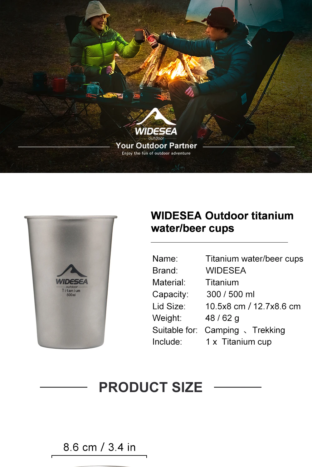 Description Picture 2 of itemWidesea Camping Titanium Beer Glass Mug Cup Tourist Tableware Picnic Outdoor Kitchen Equipment Travel Cooking  Cookware Hiking