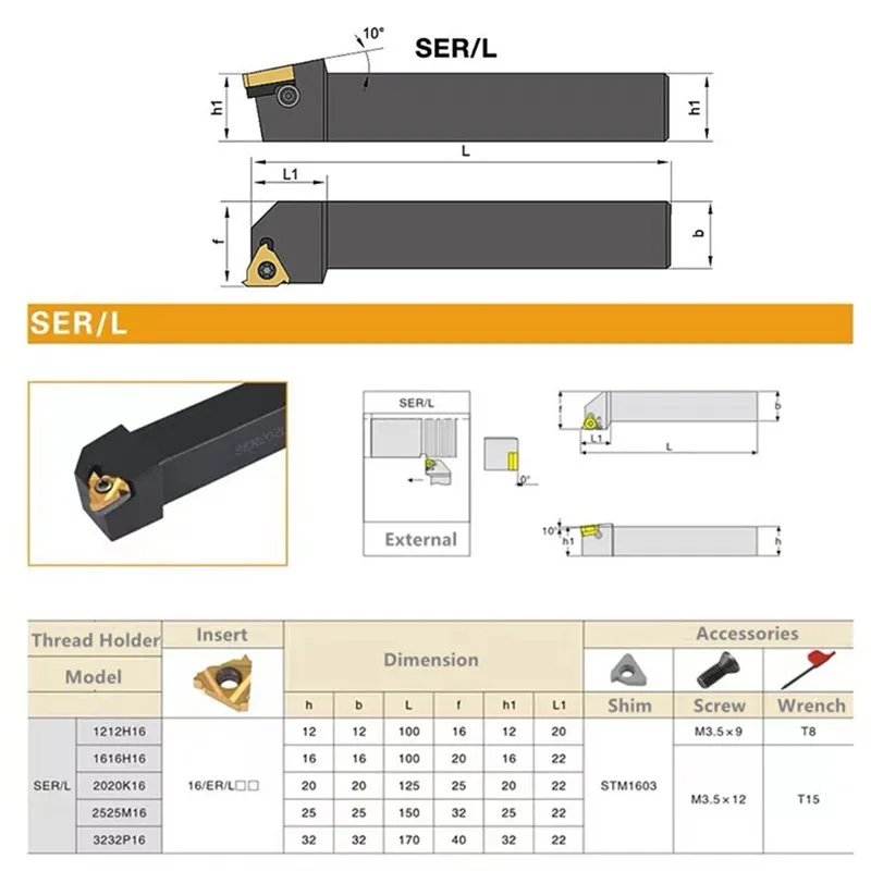 CORIT SER/L External Thread Holder CNC Thread Cutter Bar with Carbide Inserts 16ER Thread Turning Tool SER1212H16 SER2020K16 machine vise