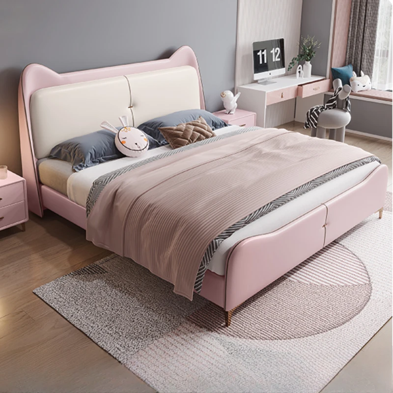 Cat Ears Children's Bed Girl Pink Cartoon Princess Bed Storage Leather Single Modern Children's Solid Wood Cama Bedroom Set