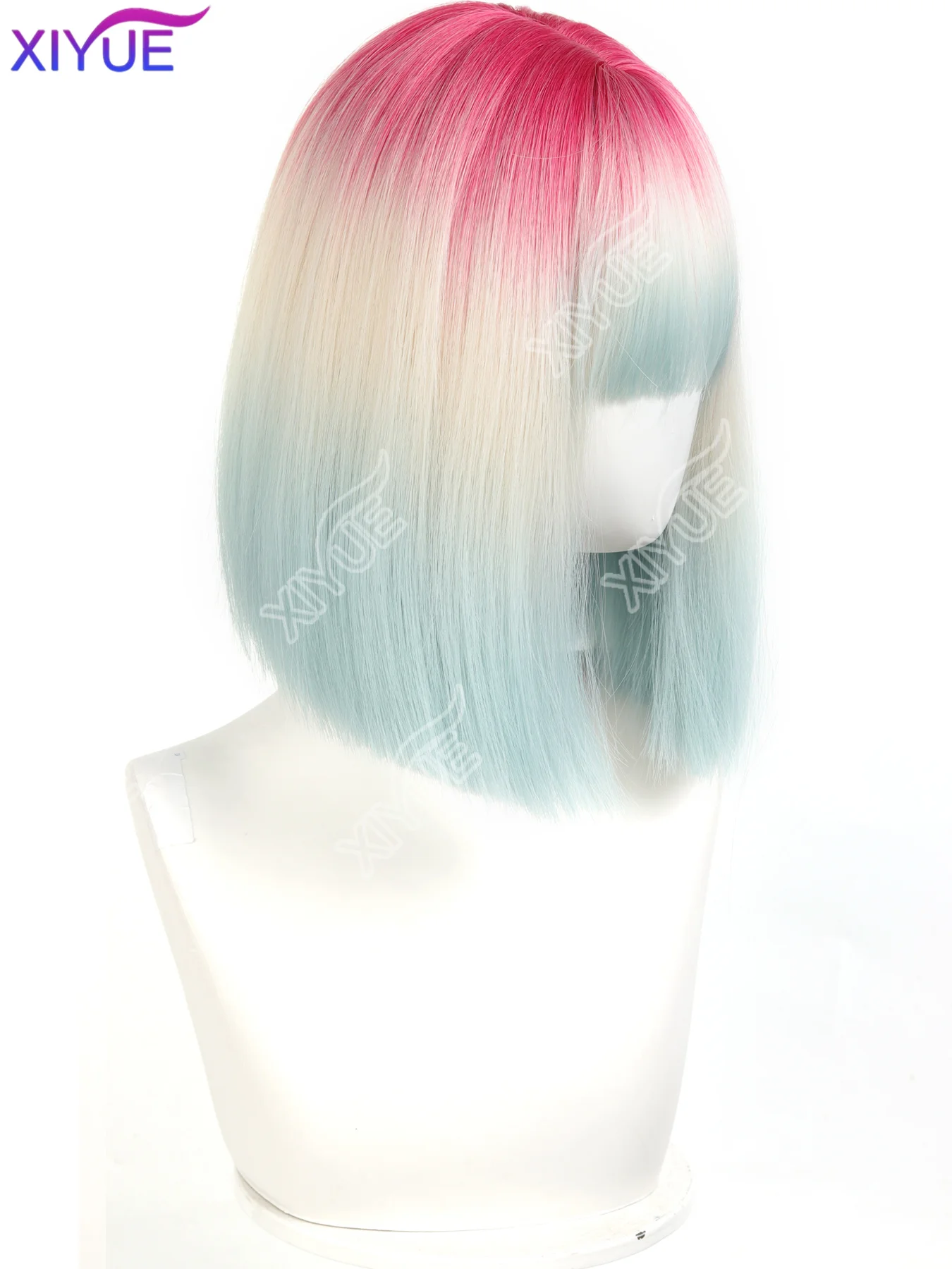 XIYUE Pink gradient blue Short Straight Hair Wig for Women with Bangs Gradient Highlights Lolita Bob Wigs Synthetic Wig Pastel