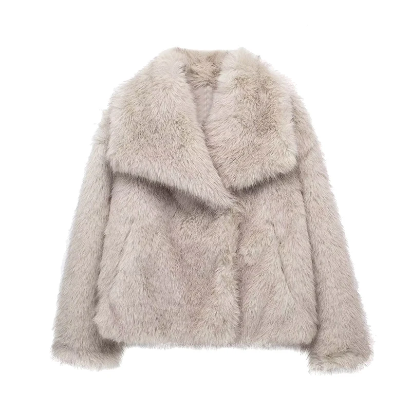 Winter Gradient Faux Fur Coat Women Luxury Big Fur Collar Pockets Loose Jacket Female Fashion Lady High Street Overcoats