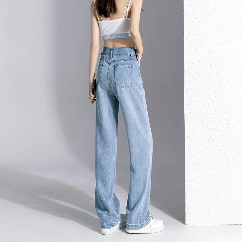 XS-2XL Size Good Quality Ice Silk Jeans Women Summer High Waist Loose Straight Thin Tiansi Denim Trouses Wide Leg Casual Pants