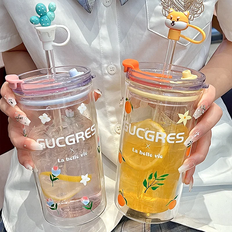 

Double Layer Glass Cup Transparent Glasses With Lid And Straw Bubble Tea Cup Ice Coffee Mug For Juice Milk Water Cups Drinkware