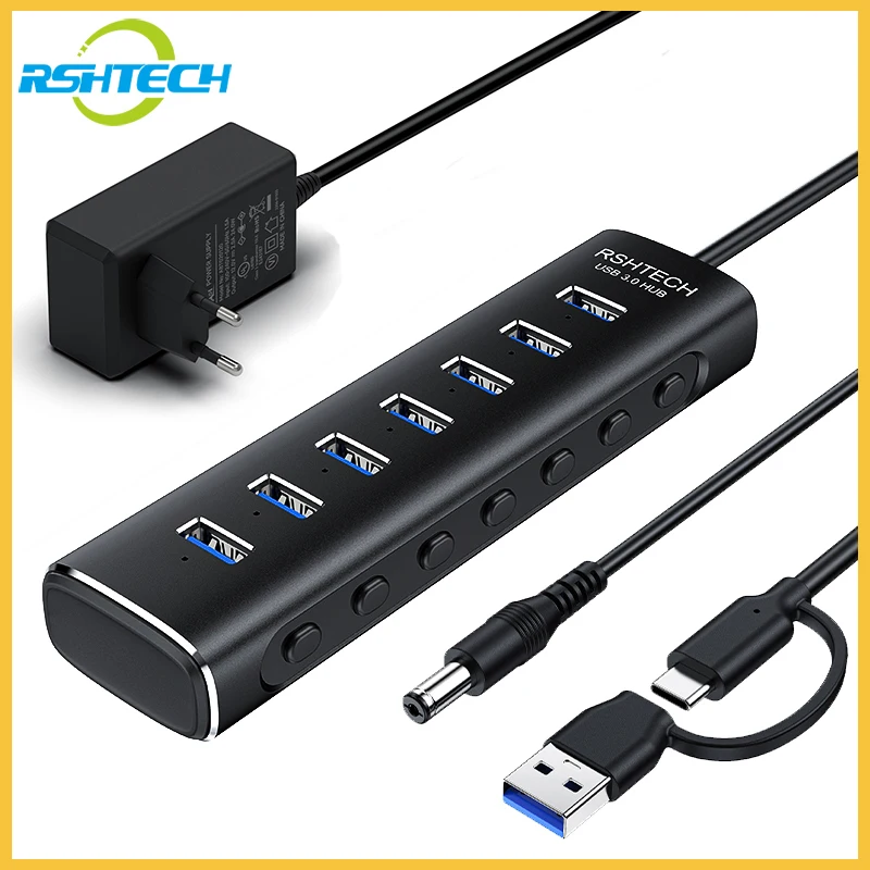 

Powered USB Hub 3.0 RSHTECH 7-Port 5Gbps USB Data Hub Splitter with Individual on/Off Switches USB Extension for MacBook Laptops