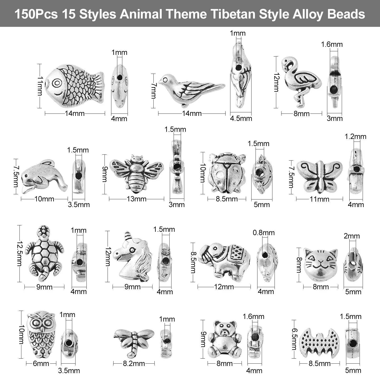 150Pcs Mixed Styles Antique Silver Animal Spacer Beads Tibetan Style Bear Owl Cat Fish Beads for Bracelet Jewelry Craft Making