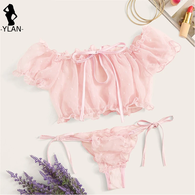 Dameslingerie Sexy mesh bh-set Off-shoulder Ruffle-ondergoedset Leuke stip transparante bh String Bandage Lenceria_voghion.com