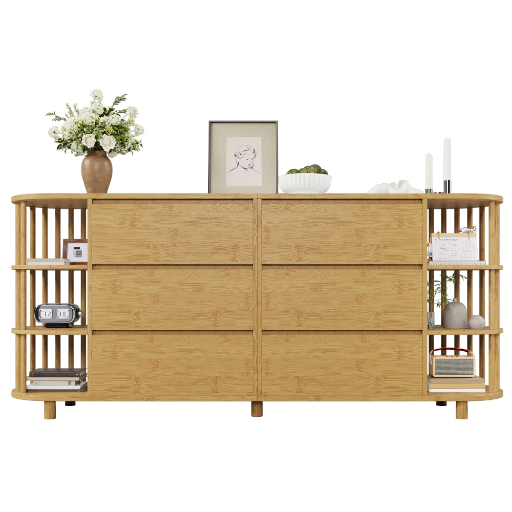 Kommode, Sideboard 160 cm, Eiche, mit Säulen und Bambusregalen, 6 Schubladen und offenen Regalen, höhenverstellbare Füße, L160 x H75 x B 40 cm – Detail 16