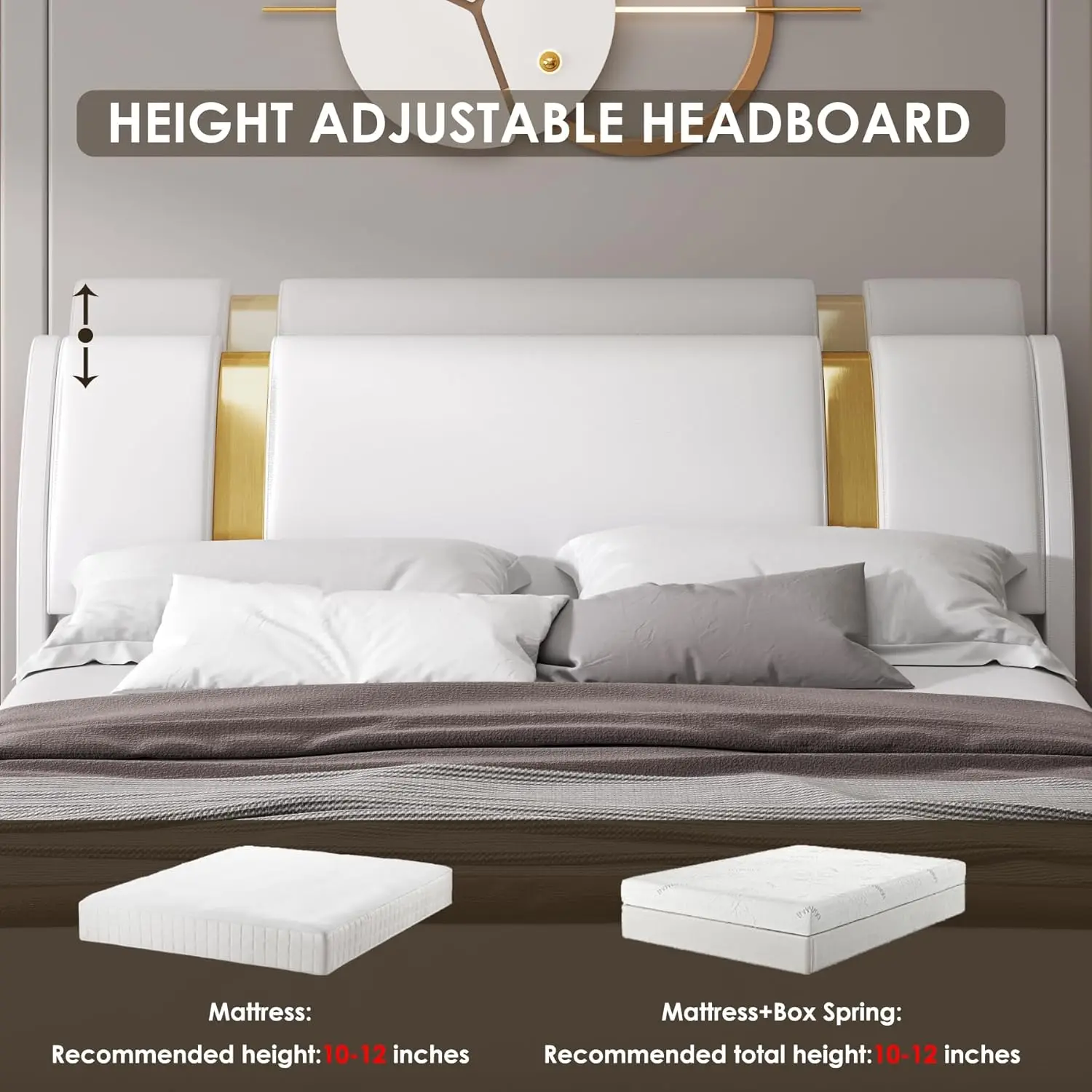 Modern Faux Leather Upholstered Platform Bed Frame with Golden Iron Metal Decor, Adjustable Curved Headboard,King Size, White 5