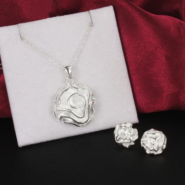 

Street Fashion 925 Sterling Silver Custom Rose Flower Pendant Stud Earrings Necklace for Women Wedding Party Jewelry Set Gifts