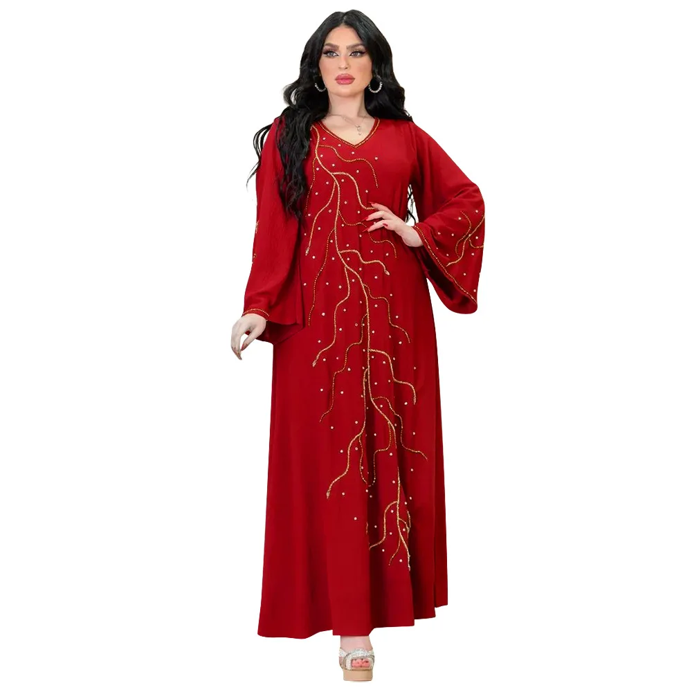 

Abayas for Women 2023 Summer Fashion Style Long Sleeve V-neck Polyester Long Abaya Dubai Abaya Muslim Dress Women