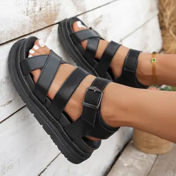 Women's Summer 2025 Roman Style Sandals Thick Bottom Flat Roman Strap Beach Shoes Platform Casual Flats Sandalias 1