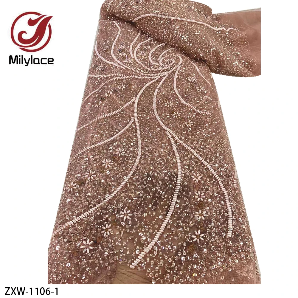 

African Heavy Beaded Lace 2024 High Quality 5 Yards Nigerian Sequins Groom Fabric Material for Wedding Party Dres ZXW-1106