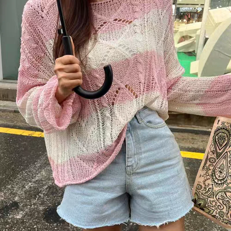 Spring and Summer New Knitted Hollow Women's Sweater Fashion Striped Loose Casual Pullover Shirt